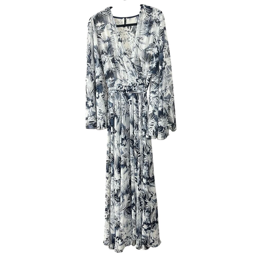 Eleganzarella Navy White Floral Maxi Dress Long Sleeve Cocktail Wedding – M
